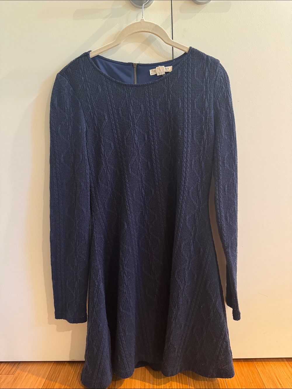 Love Riche Navy Blue Textured Long Sleeve Skater Dress